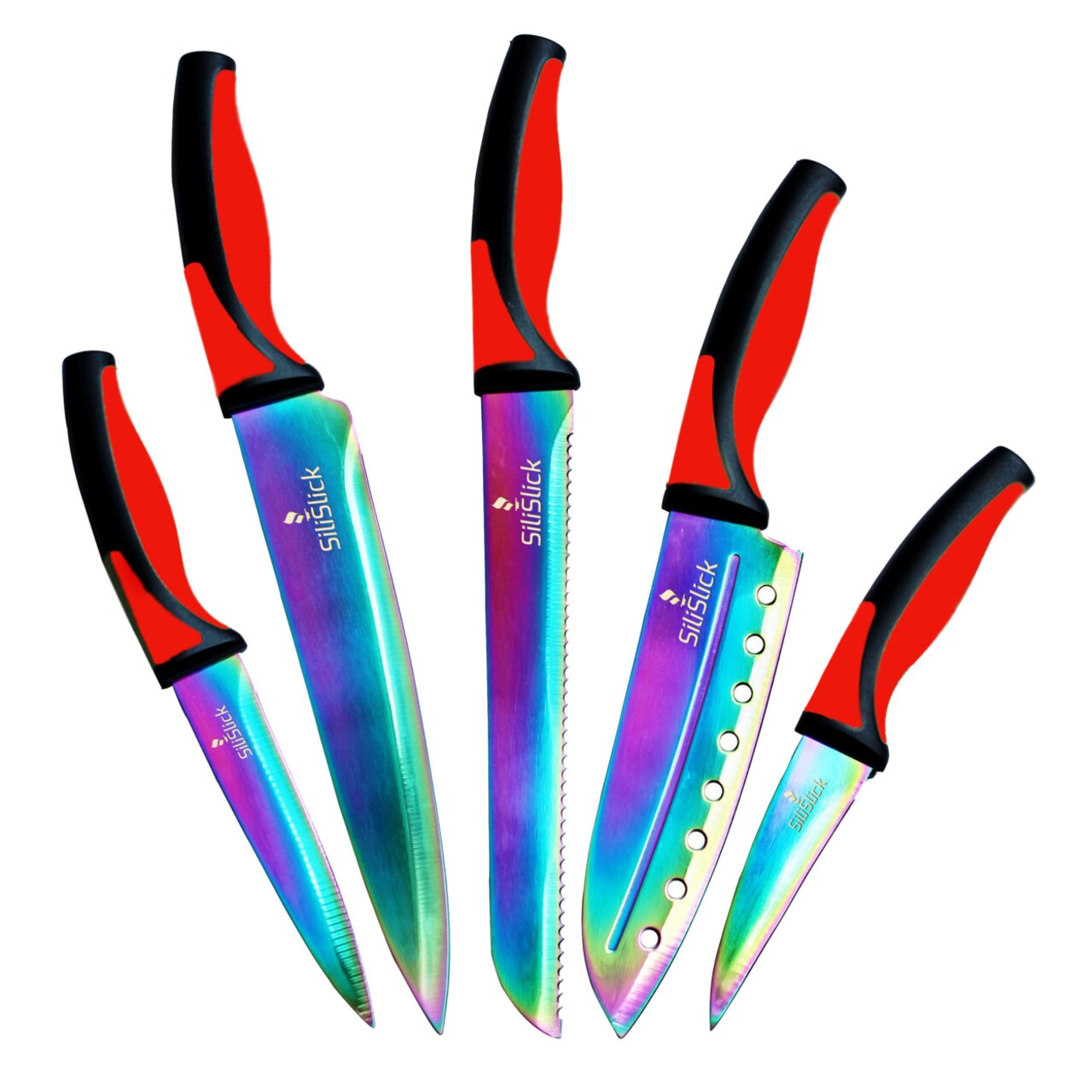 Silislick Stainless Steel Knife Set - Titanium Coated Stainless Steel Kitchen Utility Knife, Santoku, Bread